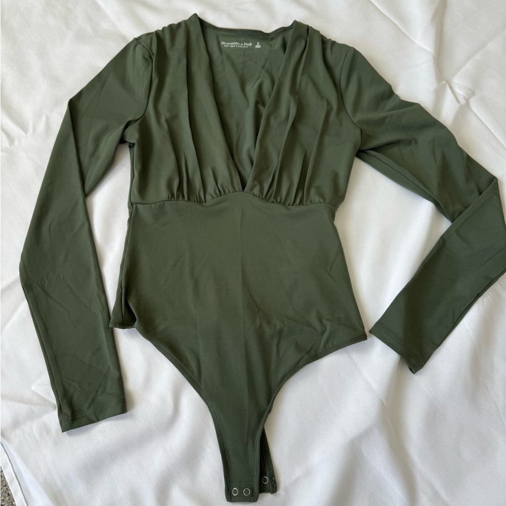 Abercrombie & Fitch Green Long-Sleeve Bodysuit with Wrap Front